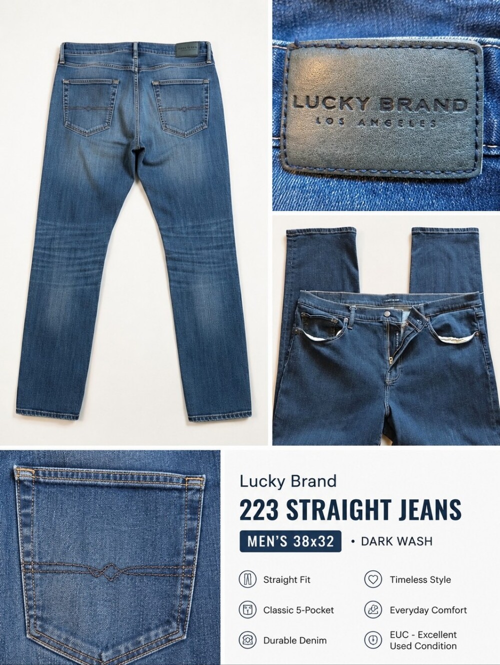 Lucky Brand 223 Straight Jeans | Dark Wash Denim | Men’s 38x32 | EUC - Picture 5 of 8